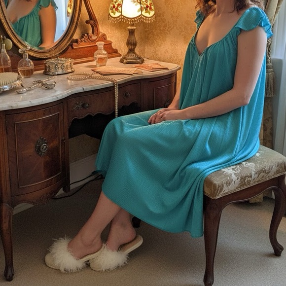 Vintage Teal Plisse Chemise Slip Nightgown Sz L - Picture 7 of 7